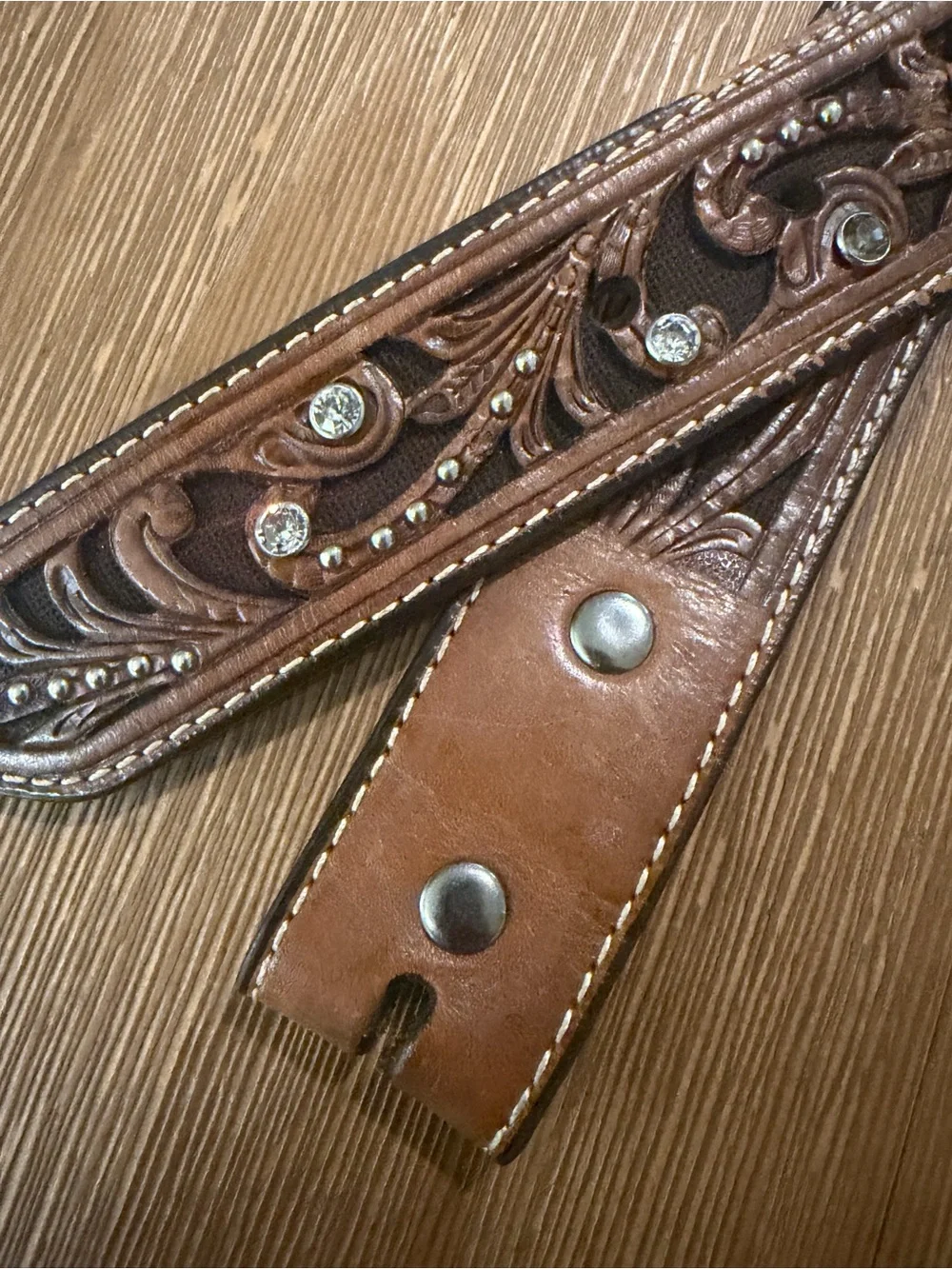 Ariat Western Embossed Tooled Brown Leather Belt with Concho Accents M